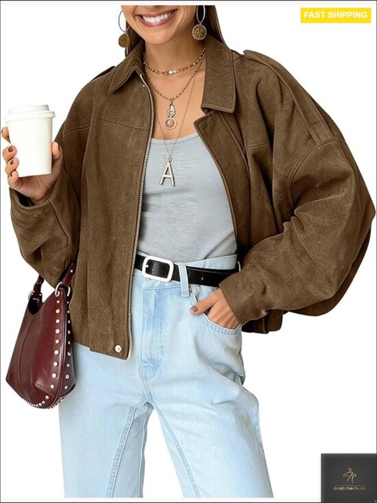 Jackets & Blazers - Oversized Faux Suede Bomber Jacket Cropped Batwing Long Sleeve Zip Up